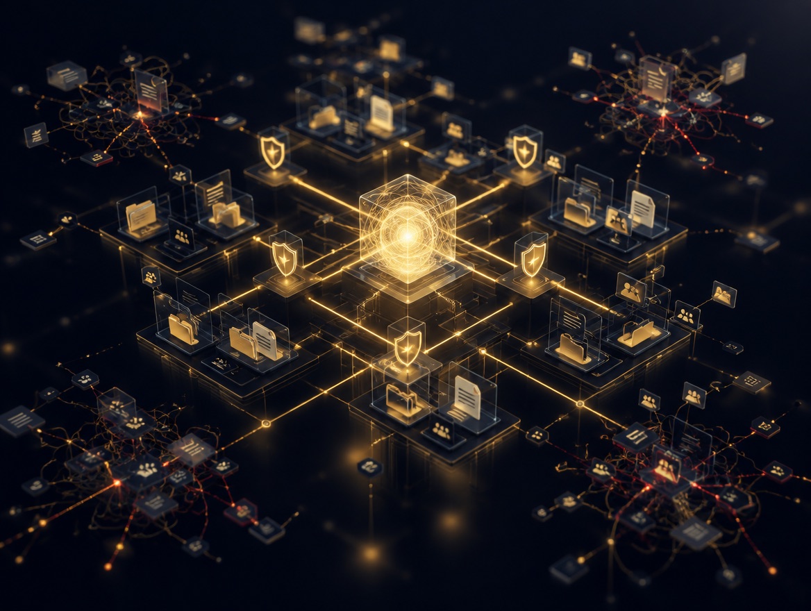 A glowing AI core at the centre of a Microsoft 365 tenant: governed, shield-protected content near the core, tangled overshared links at the edges.